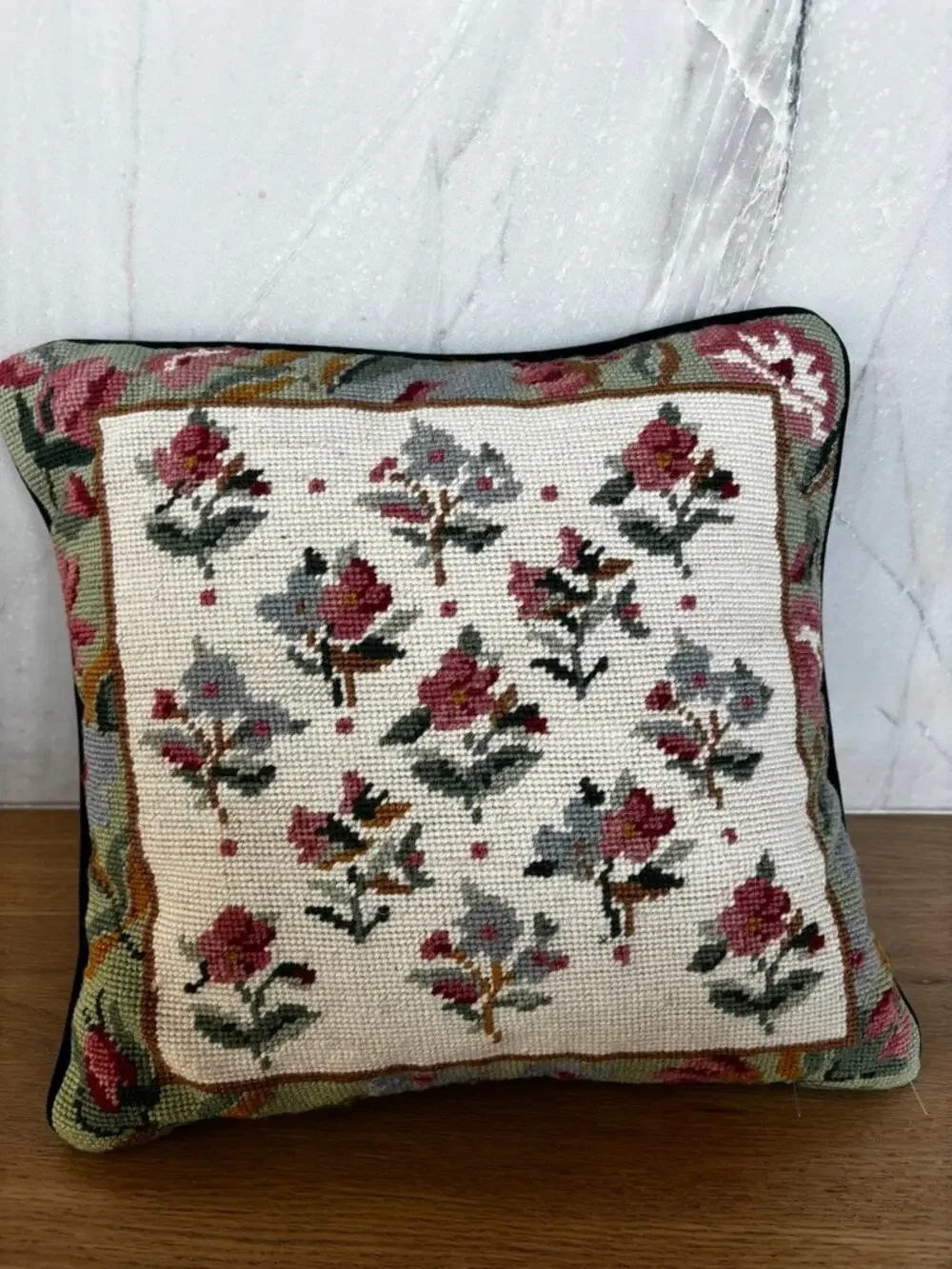 Vintage Floral Needlepoint Throw Pillow Green Velvet Back 14x14